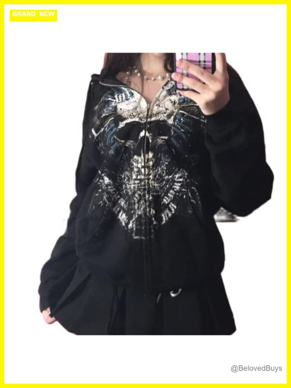 Women's Y2K Grunge Skull Graphic Zip Up Hoodie Oversized Emo Goth Sweatshirt